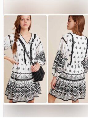 Anthropologie Francine Eyelet Mini Dress Black White Embroidered Size XLP Boho